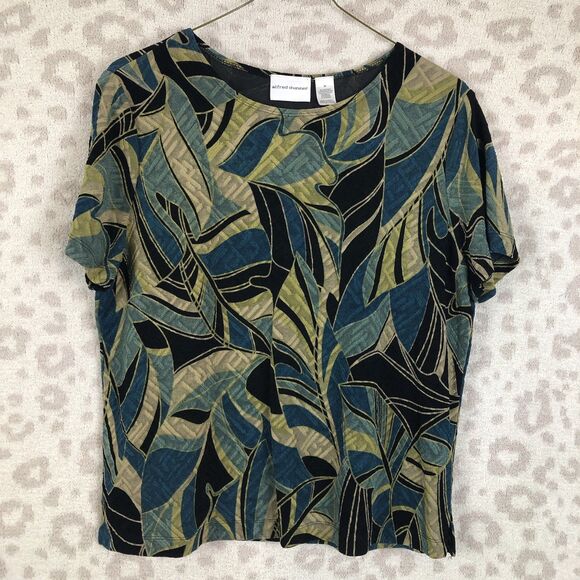 Vtg Alfred Dunner women’s blouse medium green blue groovy leafy all over print - Picture 1 of 6